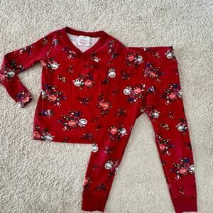Hanna Andersson Red Floral Holiday Long John Pajamas Crossover V Neck Sz 4